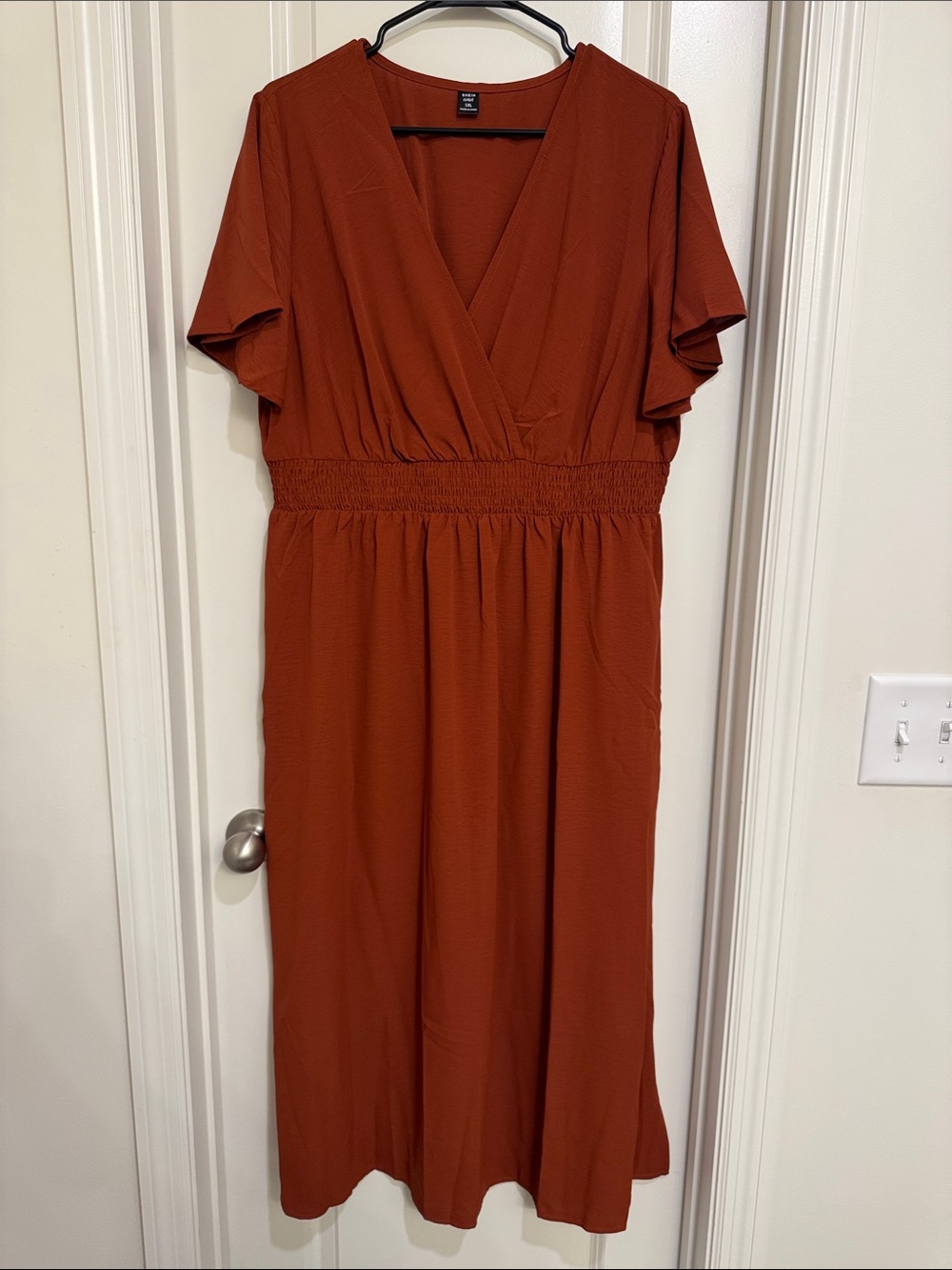 SHEIN Rust Orange Wrap V-Neck Smocked Waist Midi Dress